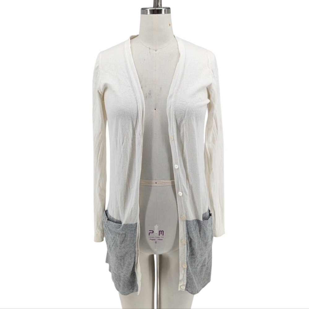 Women's Colorblock Knit Cardigan Sweater White Gray M preppy minimalist Business
